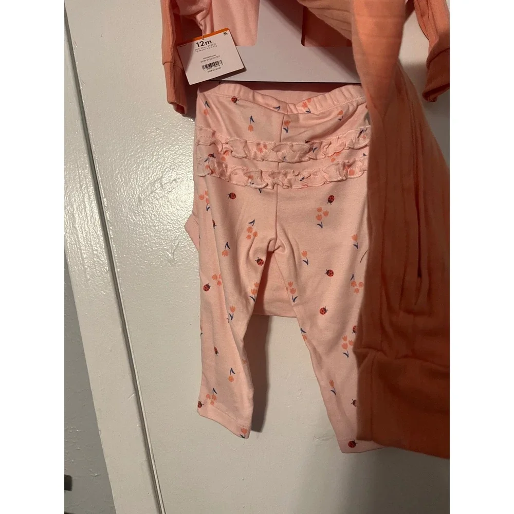 Carters Baby Girls 3-Piece Outfit Set 12M Pink Ladybug Bodysuit Pants Sleep Play